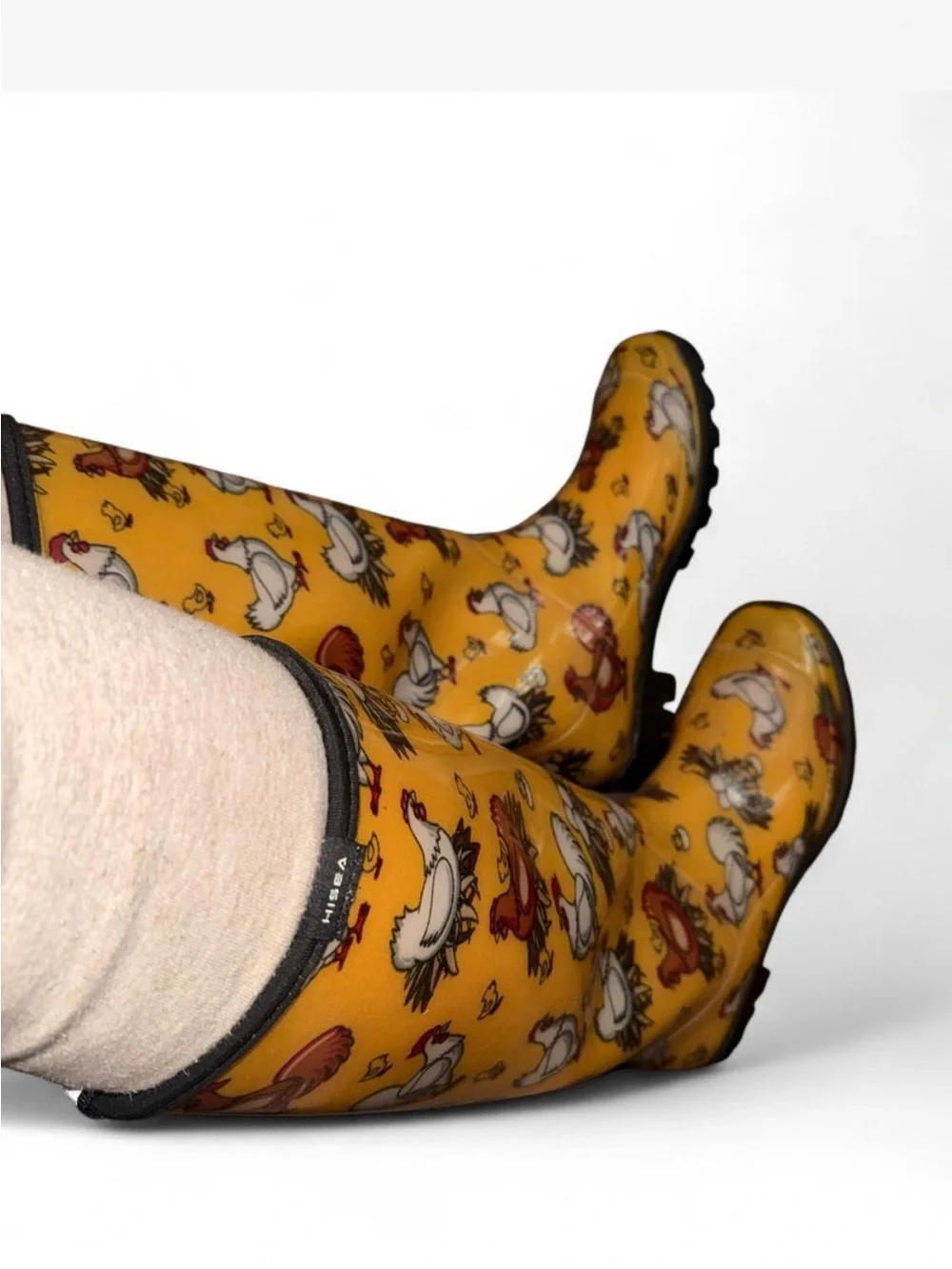 Yellow Printed Knee-High Rain Boots with Playful Chicken and Egg Graphics